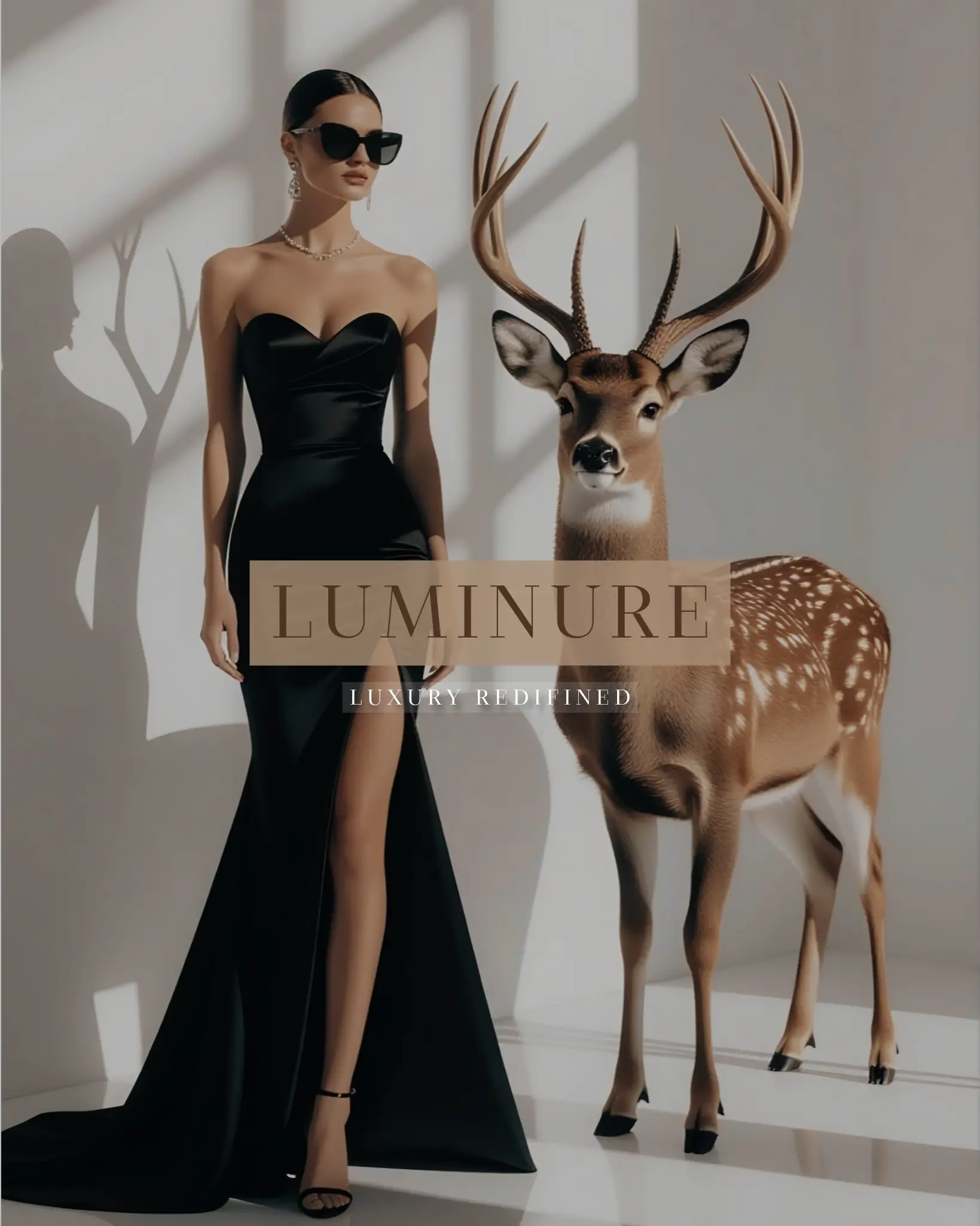 Luminure luxury poster design showcasing a stylish woman in a black gown with a deer – artistic and refined visual concept.