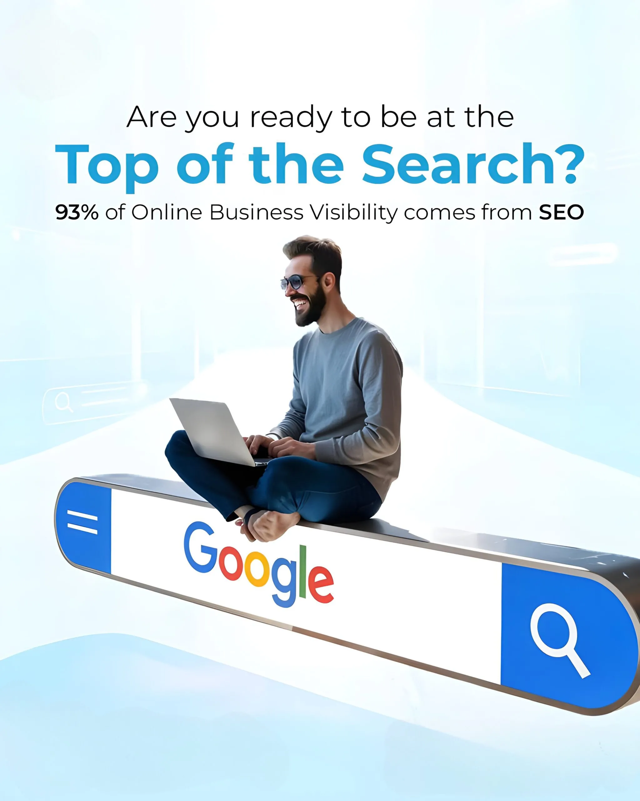 "Person sitting on top of Google search bar symbolizing top search ranking and SEO success"